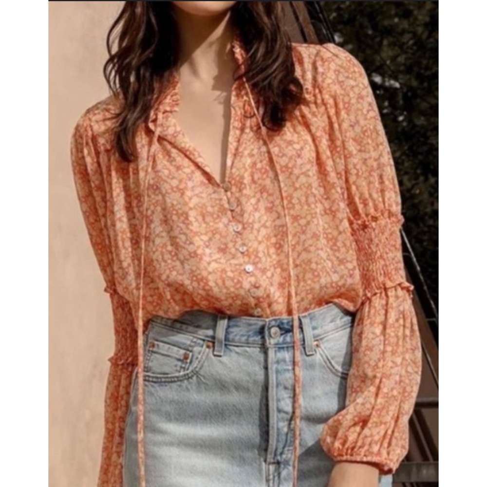 Lulus‎ Floral Bodysuit Smocked Neck Long Sleeve Orange Medium